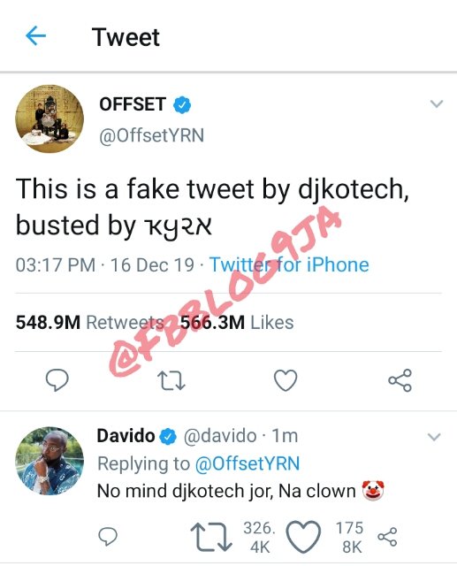Offset Finally Replied Davido After Insulting Chioma (Photo)