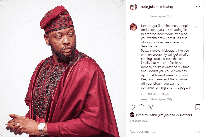 Teddy A Finally Replied Lady Who Accused Him Of Beating His Wife