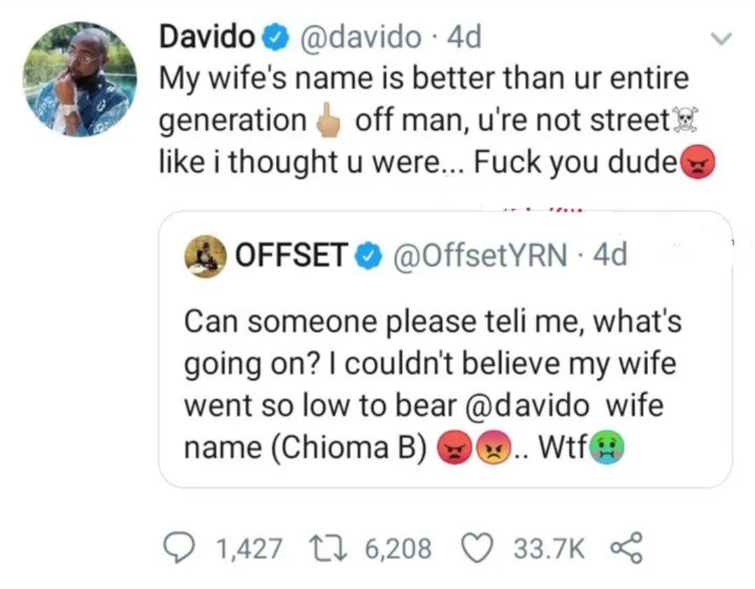Davido Blasts Cardi B’s Husband, Offset For Insulting Chioma (Photo)
