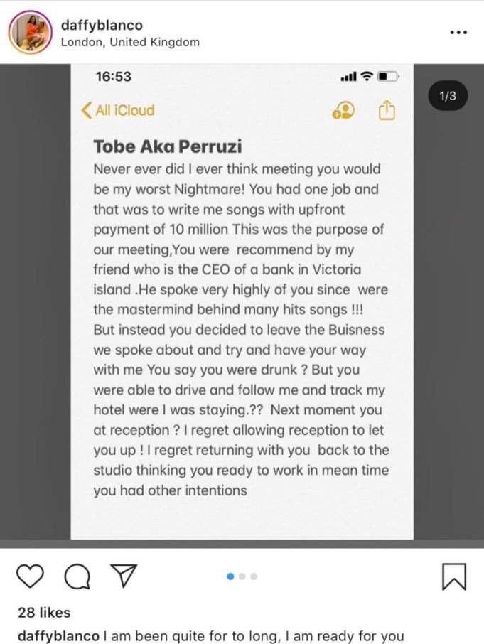 Peruzzi Raped And Collected N15 Million From Me – Daffy Blanco