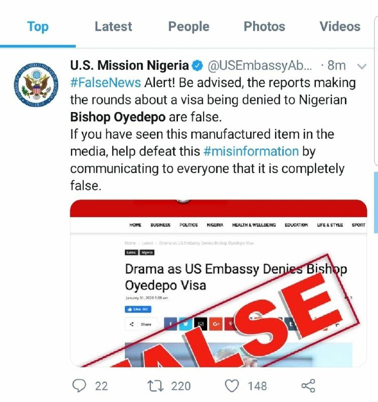 US Embassy deny not issuing Bishop Oyedepo Visa