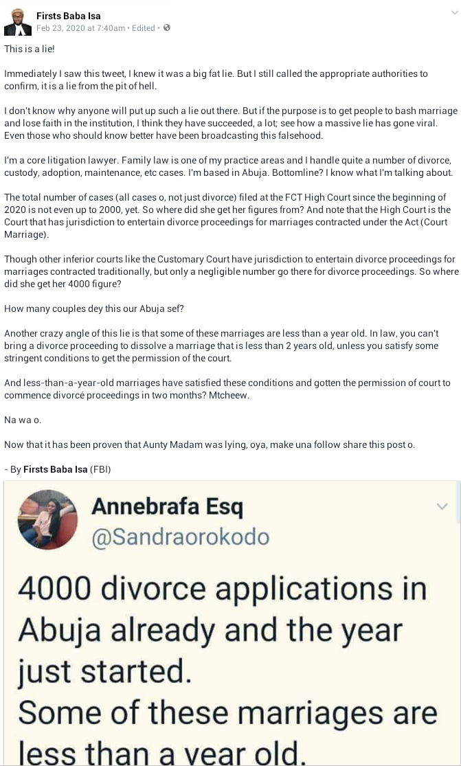 Lawyer Debunks Claim That Over 4000 Couples Have Applied For Divorce In 2020