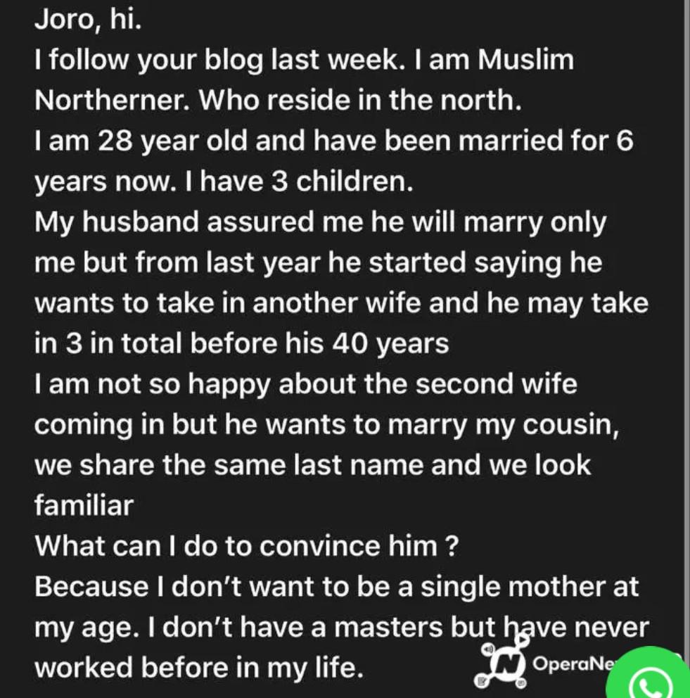 "My Husband Wants To Marry My Cousin" - Woman Cries Out
