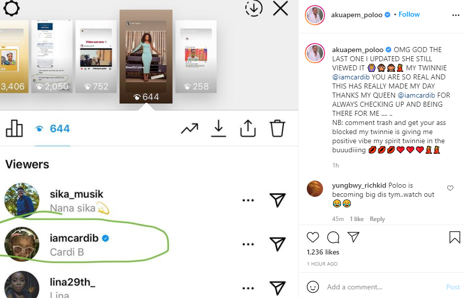 Brand Ambassador and video vixen, Rosemond Brown aka Akuapem Poloo, could not contain her joy after she found out that American rapper, Cardi B viewed her stories on Instagram.