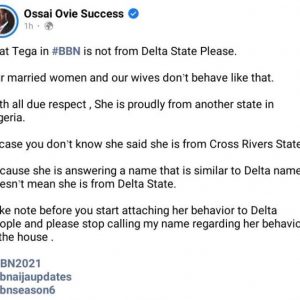 BBNaija: Delta State Government’s Aide Reacts To Tega's Extra-Marital Affair On National TV