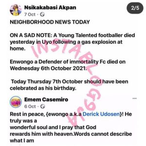 LATEST: Talented footballer Dies A Day To His Birthday Due To Gas Explosion