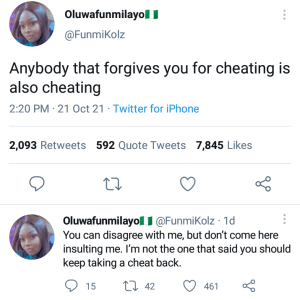 “Anybody That Forgives You For Cheating Is A Cheat” — Lady Speaks