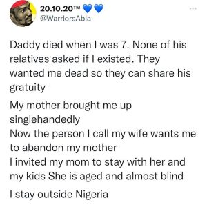 "My Wife Wants Me To Abandon My Aged Mother"  – Man Laments