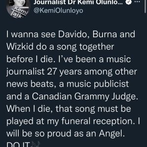 Kemi Olunloyo Wishes To See Davido, Wizkid And Burnaboy In A Music Collaboration 
