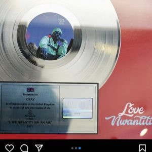 Singer Receives First BRIT Certified Silver Plaque For ”Love Nwantiti” Song