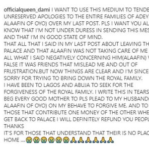 Ex-Wife Of The Alaafin Of Oyo, Queen Dami Begs To Return To Palace 