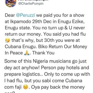 Singer Peruzzi Called Out Over Refusal To Refund Money After Failing To Attend Show