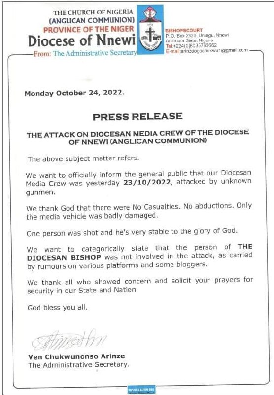 Unknown Gunmen Attacked Our Media Team Not Our Bishop - Nnewi Anglican Diocese