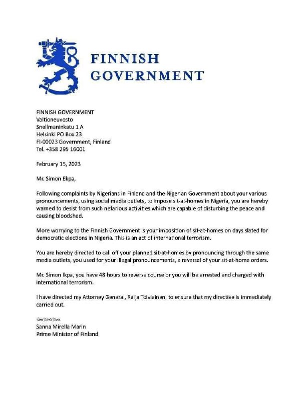 Simon Ekpa Given Two Days (48hrs) To Reverse Sit-at-home Order By Finland Govt Or Face.....